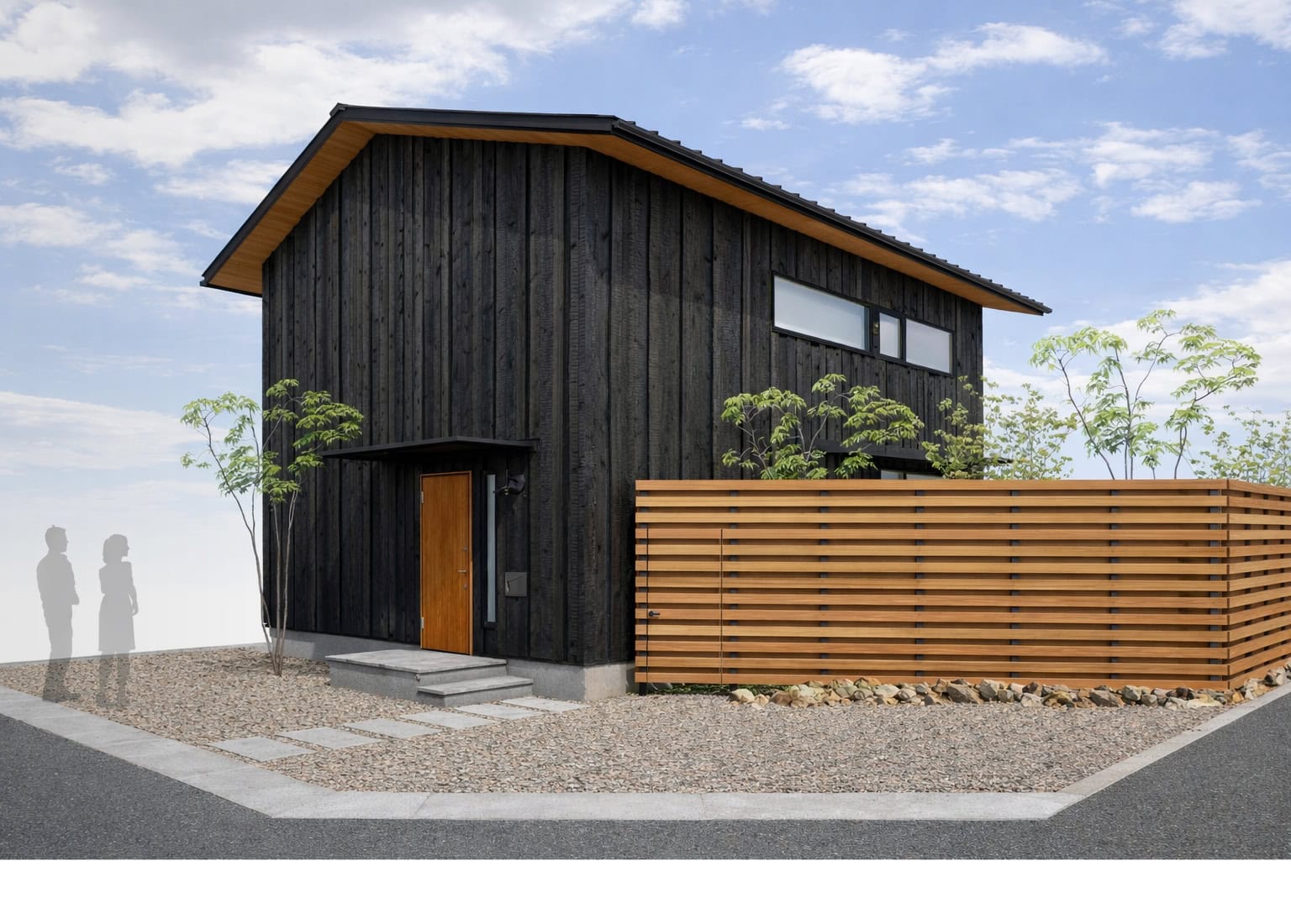 焼杉の外壁と木塀が印象的な、浜松市中央区舞阪町の完成見学会住宅の外観パース