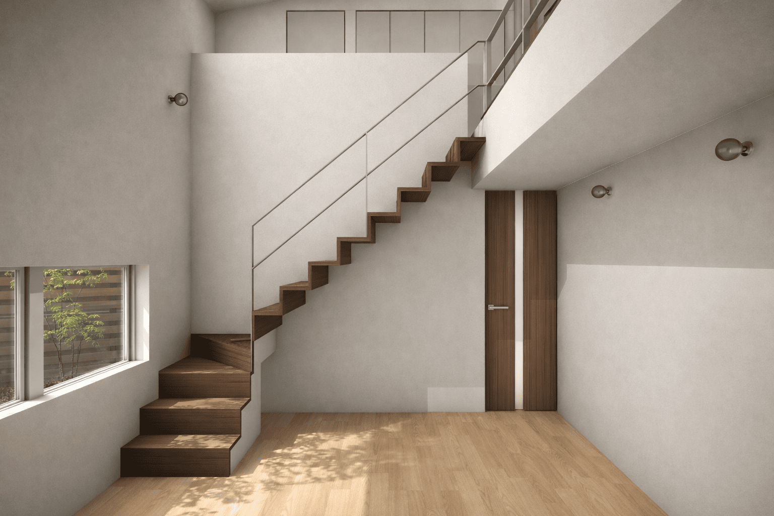 吹抜けと階段、無垢床の素材感が伝わる注文住宅の内観パース