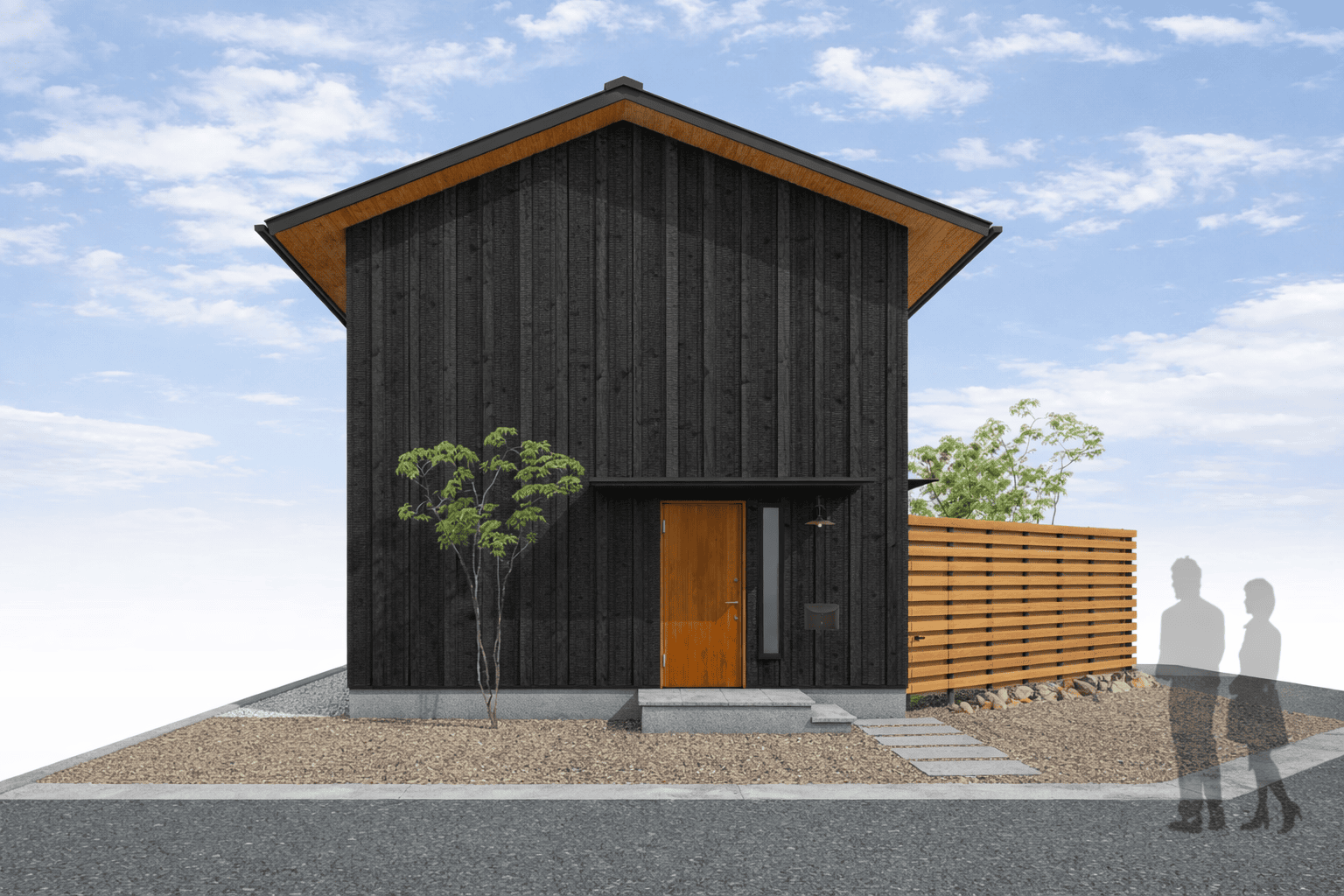 焼杉の静かな外観と木塀のある、浜松市中央区舞阪町の注文住宅の正面外観パース