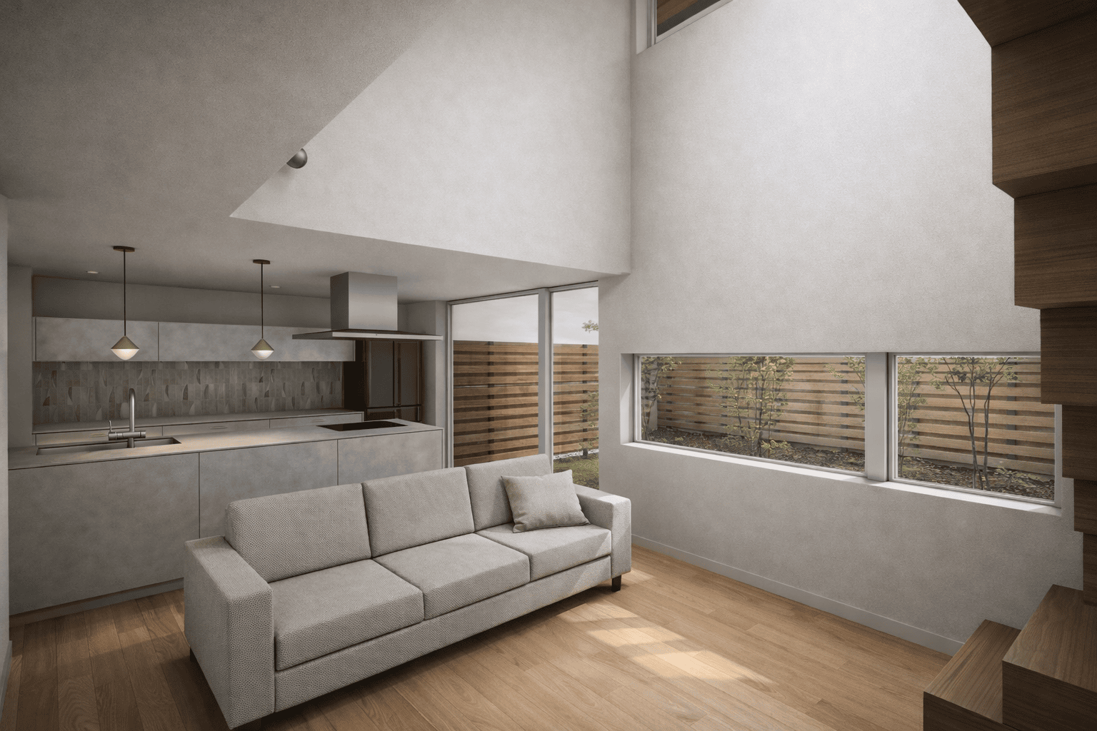 吹抜けと庭につながるLDKが広がる、高断熱住宅の内観パース