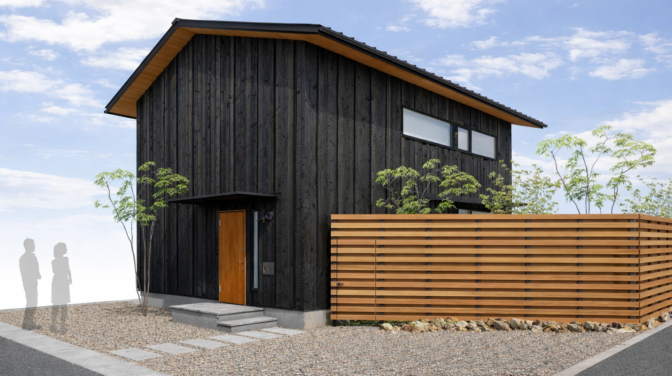 焼杉外壁と木塀が印象的な、浜松市中央区舞阪町の完成見学会住宅の外観パース