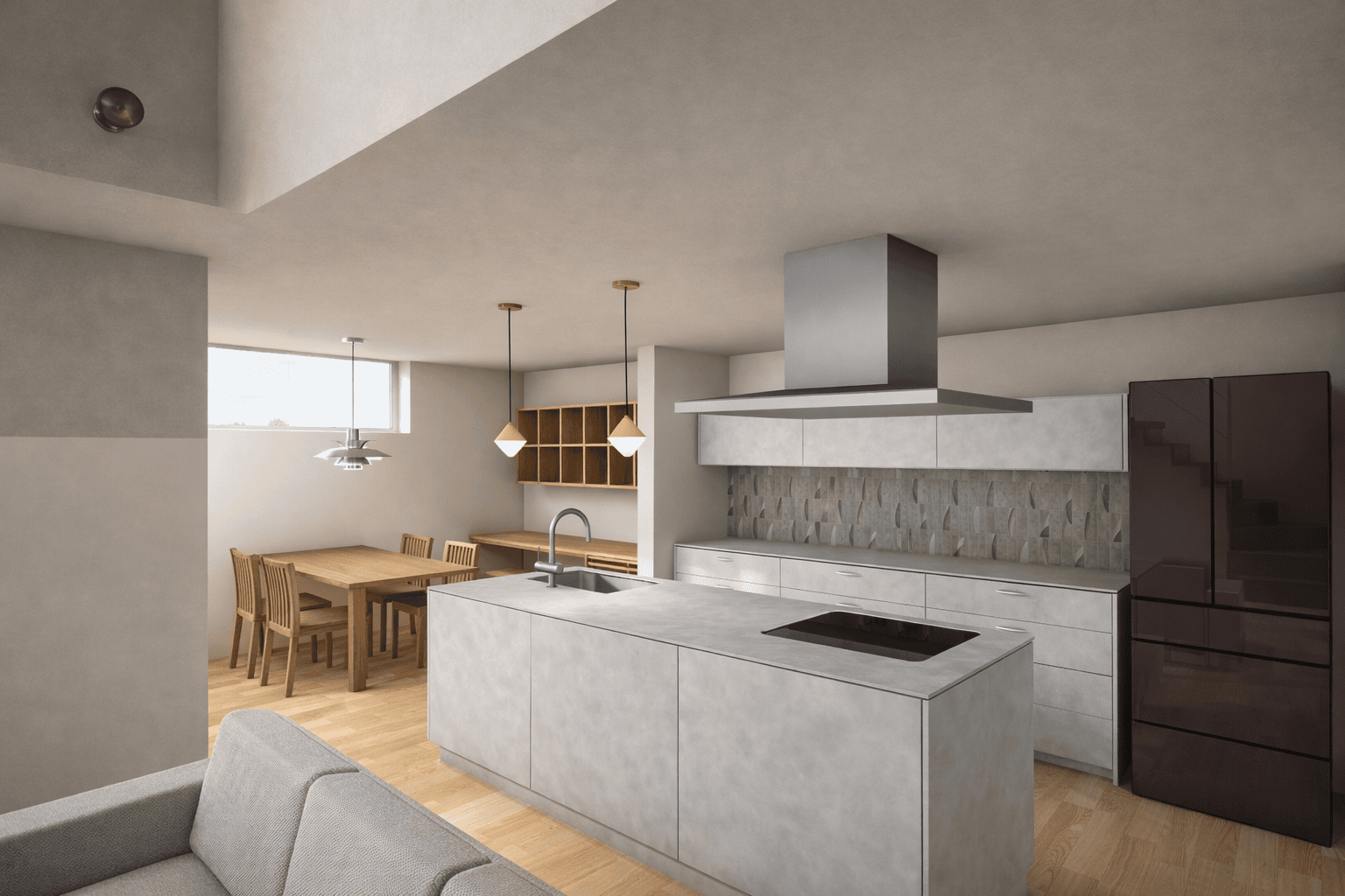 アイランドキッチンとダイニングが中心にある、高気密高断熱住宅の内観パース