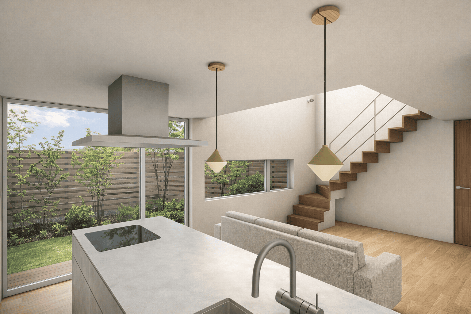 アイランドキッチンから庭とリビングがつながる、浜松市中央区舞阪町の注文住宅の内観パース